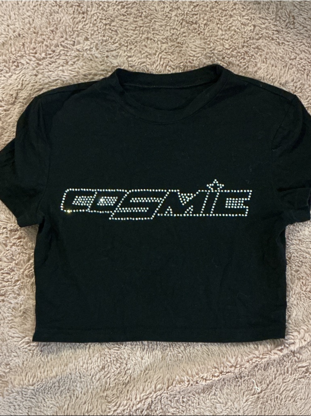 Source Unknown Black Crop Top with Rhinestone 'Cosmic' Logo